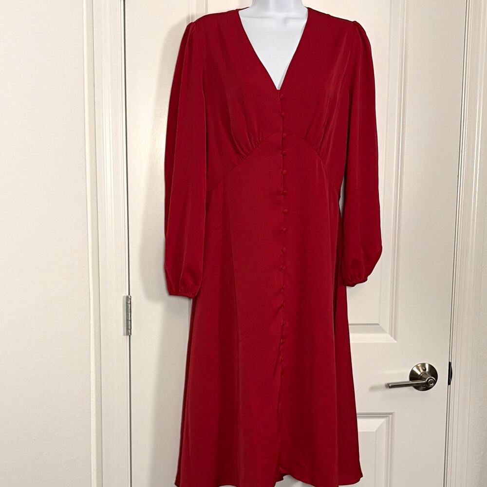 UNTUCKit Red V-Neck Balloon Sleeve Button Front Lined Dress M classic preppy